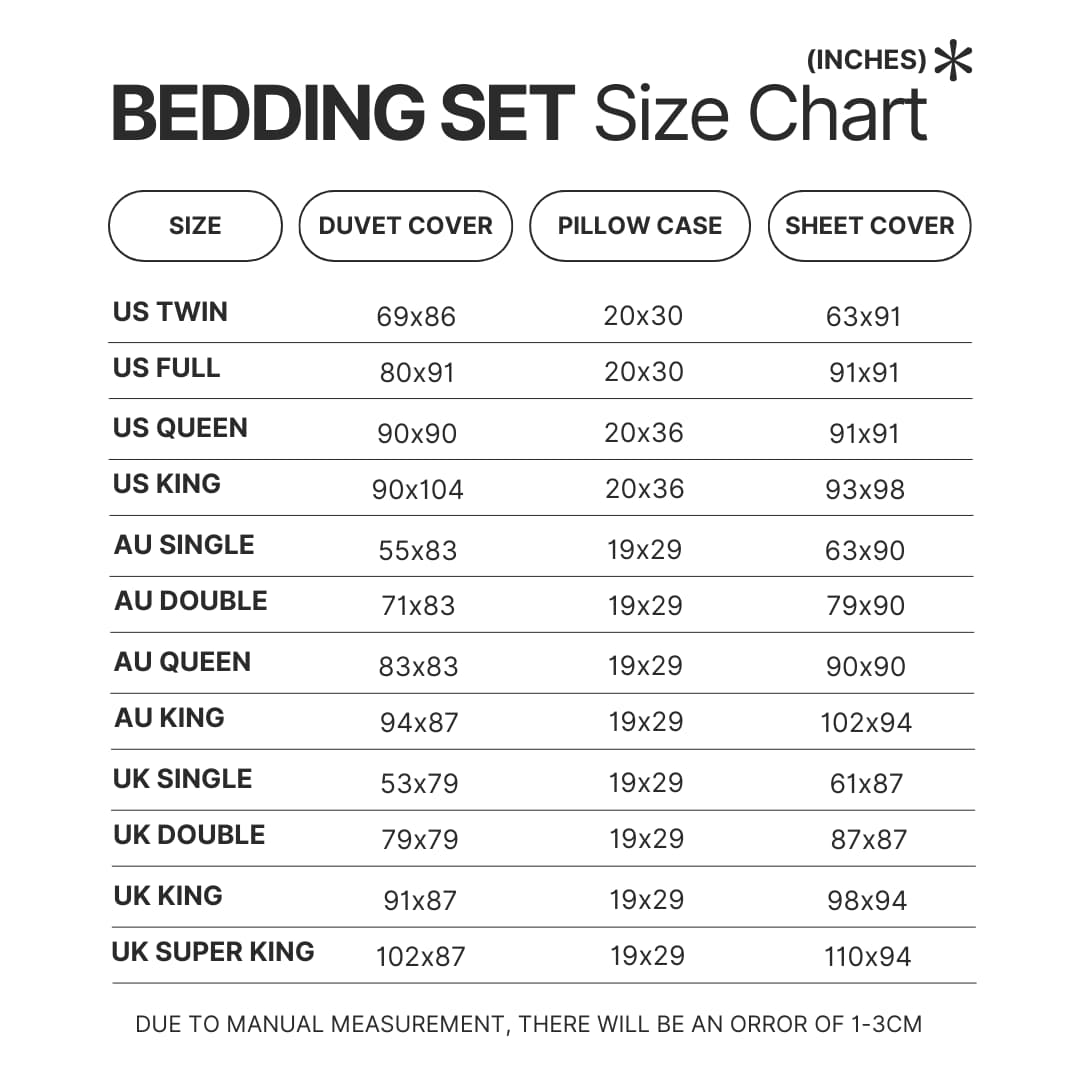 Bedding Set Size Chart - JJBA Store